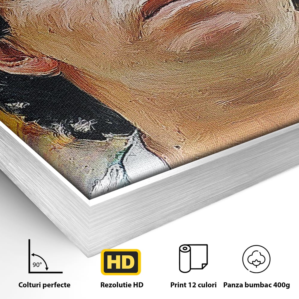 Detaliu al suprafetei: tablou canvas cu diego maradona, in rama de aluminiu argintiu